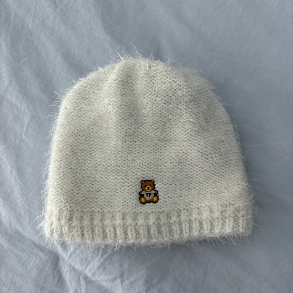 Teddy Fresh White Fuzzy Knit Beanie with Teddy Patch
